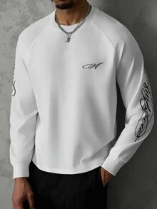 SLATEMANN Men's Letter Print Raglan Long Sleeve Crew Neck Casual T-Shirt - White - View 4