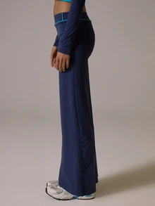 Musera Sport Contrast Piped Edge Low Rise Straight Leg Yoga Style Coord Pant Fall Autumn Winter Gym Active Pilates Motion - Navy Blue - View 3