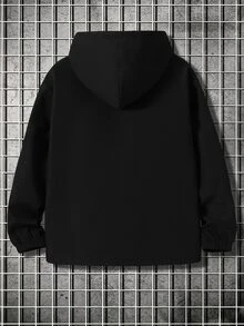 SHEIN 兒童青少年男孩休閒學院風抓絨內裡連帽字母圖案夾克，梭織加厚款，適合學校、花園、海灘、生日，春夏秋冬四季穿著，黑色、棕色 - 黑色 - 查看 2