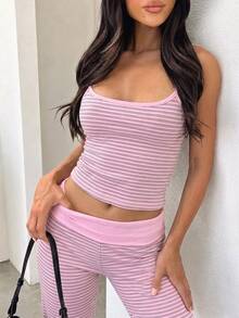 SHEIN EZwear 夏季新款拼色條紋細肩帶上衣與長褲套裝，適合春夏外出穿著 - 彩色 - 查看 3