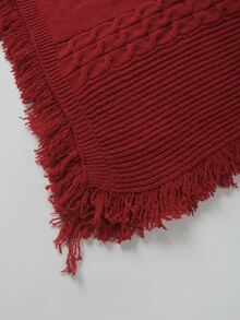 SHEIN 2 Pieces Turtleneck Sweater Set Fringe Cable Knit Asymmetrical Cape Shawl Long Sleeve Ribbed Top - Red - View 3