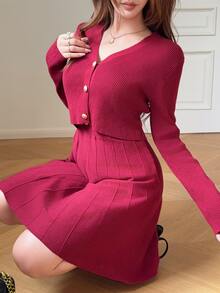 Feyla Women's Solid Color Long Sleeve Single-Breasted Knit Cardigan And Camisole Knit Dress Set - Burgundy - View 5
