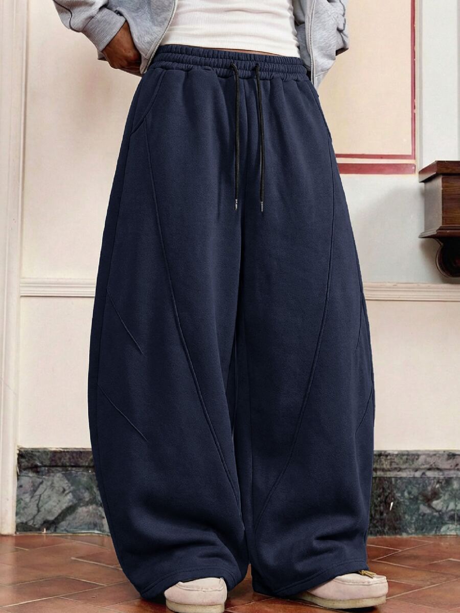 SWAVVY Men's Spring/Autumn Casual Loose Sweatpants With Split Patchwork, Pleated And Smooth Panels, Black And Gray - Navy Blue - View 1