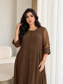 Solavon Plus Size Women's Solid Color Round Neck 3/4 Sleeve Button Design Casual Dress - Coffee Brown - View 7