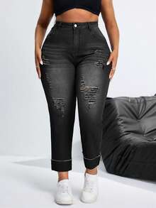 Slaydiva Plus Size Elastic Fashion Sexy Ripped Slim Fit Denim Jeans - Black - View 5