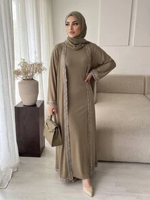 Celisse Women's 2 Pieces Set, Long Robe Cardigan & Dress Set, Elegant Daily Wear Women's 2 Pieces Set, Women's Dress Set - Khaki - View 4