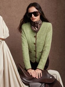 Zovinel Lyocell Wool Fabric With Suede Binding Women's Vintage Elegant Button Long Sleeve Pocket Jacket Business,Casual Work,Elegant Fall Autumn/Winter - Green - View 8