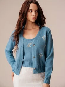 BELROSIE 女款針織開襟衫套裝 修身顯瘦 V 領金屬鈕扣 優雅浪漫藍色花卉 秋季毛衣 高端下午茶約會穿搭 - 藍色 - 查看 3