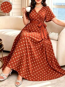 Modelyn Plus Size Women's Fashion V-Neck Short Sleeve Belted Loose Casual Dress, Beige Polka Dot Print On Caramel Orange Background, Comfortable For Spring And Summer - Multicolor - View 3