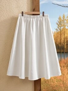 Rusticease Plus Size Women's Solid Color Pleated Casual Versatile Daily Wear Skirt - White - View 3