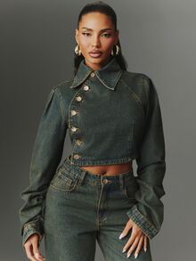NYA SZN Denim Jacket Button Front Napoleon Tinted Long Sleeve Collared Streetwear Casual Everyday Party Concert Festival Dark Wash Chic Cute Fall Winter - Medium Wash - View 6