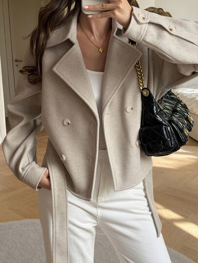 DAZY Fall Beige Apricot Lapel Double-Breasted Loose Short Wool Blend Elegant Casual Commute Date Office Women's Coat