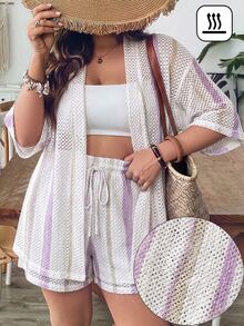 SHEIN VCAY Plus Size Women's Blue & White Striped Knit Shirt & Shorts 2 Pieces Set, Summer Vacation - Multicolor - View 1