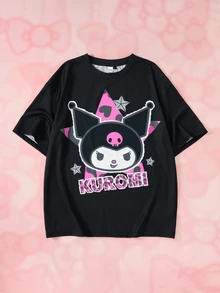 HELLO KITTY AND FRIENDS | SHEIN تي شيرت رجالي كاجوال بطبعة حروف وياقة دائرية وأكمام قصيرة - الأسود - مشاهدة 3