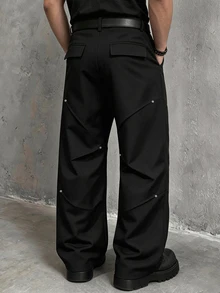 SLATEMANN Men's Black Long Pants, Loose Casual Versatile Long Pants, Rivet Design Cargo Pants - Black - View 2
