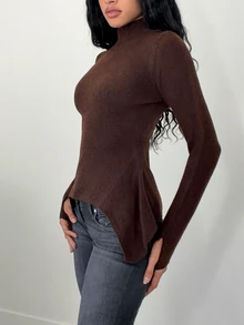 Elenzga Women's Casual Solid Color Stand Collar Asymmetric Hem Sweater, Autumn/Winter - Coffee Brown - View 1