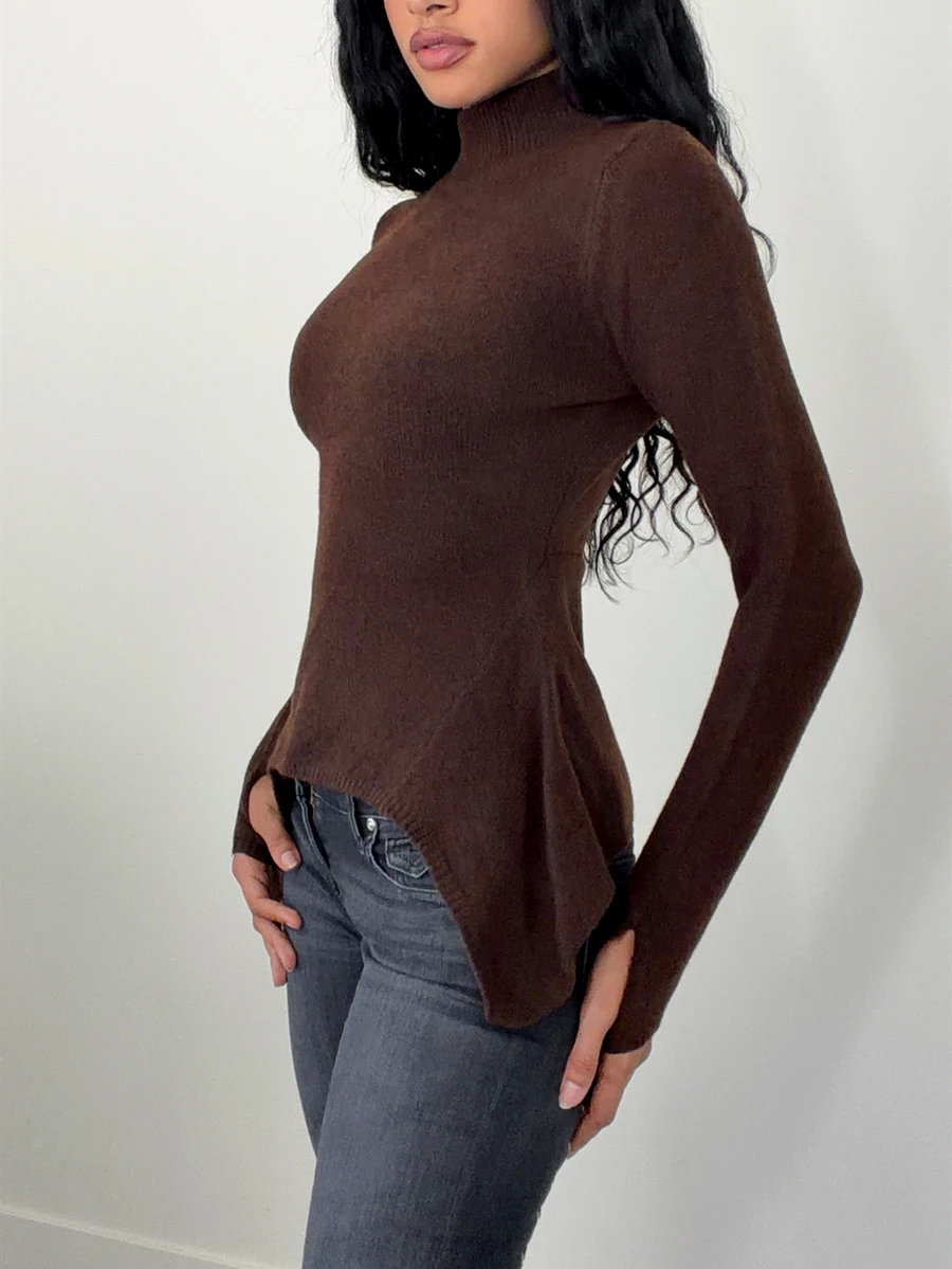Elenzga Women's Casual Solid Color Stand Collar Asymmetric Hem Sweater, Autumn/Winter - Coffee Brown - View 1