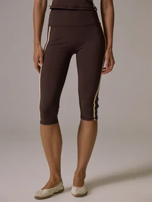 Musera Sport Side Stripe Contrast Colour High Rise Fitted Active Capri Legging Butter Yellow Fall Winter Autumn Gym Pilates Fitness Daily Casual - Coffee Brown - View 2