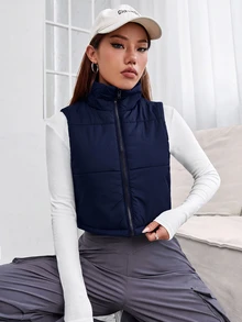 SHEIN PETITE 秋冬款拉鍊短版填充背心外套 - 藏蓝色 - 查看 5