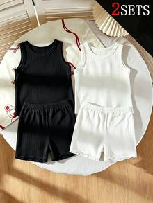 2 Sets Teen Girl Blind Box Style 6-Piece 2 Tops And Shorts Set, Solid Color Ribbed Fabric Design For Minimalist Versatile Look, - Multicolor - View 3