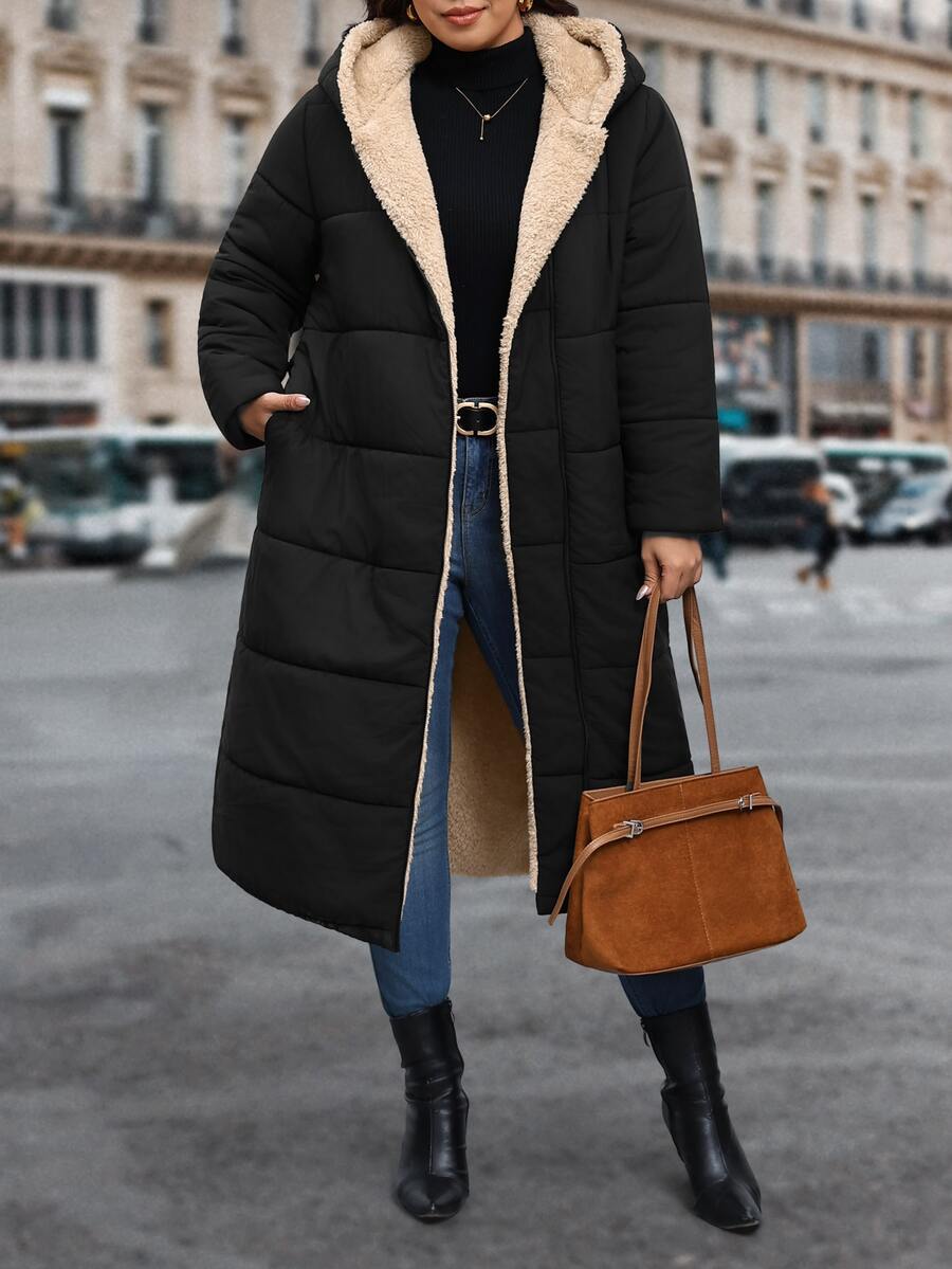 Reflora Plus Size Long Thick Thermal Lined Hooded Padded Coat For Autumn/Winter - Black - View 1