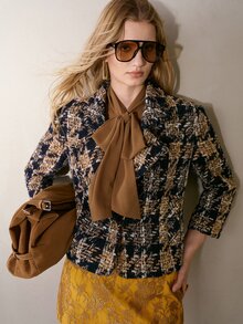 MOTF PREMIUM PLAID SINGLE-BUTTON NOTCH LAPEL COLLAR WOMEN'S BLAZER - Khaki - View 4