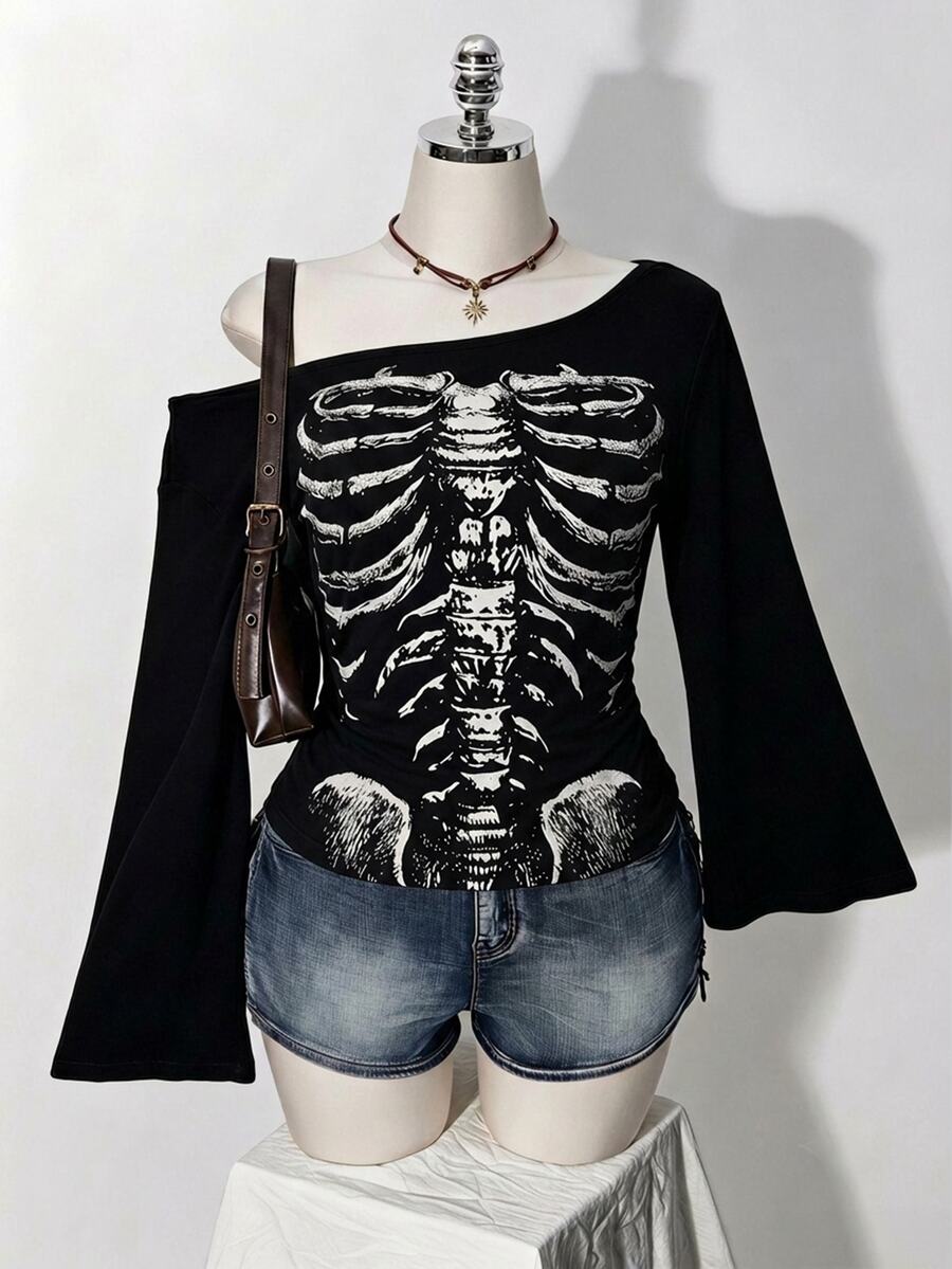 SHEIN ICON Halloween Skull Plus Size Autumn Print Asymmetric Collar Bell Sleeve T-Shirt - Multicolor - View 1