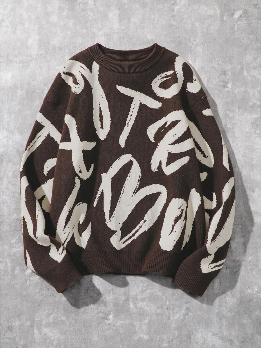 Boys' Autumn/Winter Fashion Pattern Letter Jacquard Knit Sweater Long Sleeve Base Layer - Brown - View 1