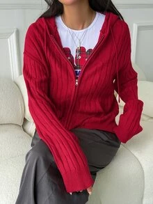 DAZY Women's Solid Color Fitted Zip-Up Long Sleeve Hooded Cable Knit Casual Vacation Spring Autumn Cardigan - Red - View 7