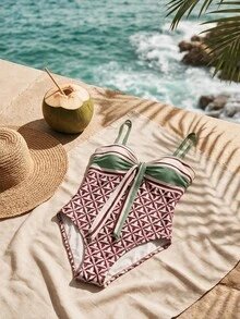 CAJUNI  Beach Vacation Geometric Striped Front Knot Fashion One-Piece Swimsuit Bikini - Multicolor - View 6