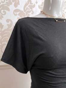 Collagica Collagica Women's Solid Color Elegant Fitted T-Shirt, Off-Shoulder Batwing Sleeve Slim Fit, Dark Gray, Spring/Summer Style, Y2Y, Casual Comfortable Summer Design, Casual Short Sleeve, Fashionable Comfortable, Cold Shoulder Neckline Design - Dark Grey - View 3