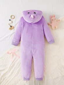 Girls' Fresh Purple Cartoon Embroidered One-Piece Cute Style Loungewear, Suitable For Home And Outdoor Wear, For Spring, Autumn And Winter - Purple - View 2