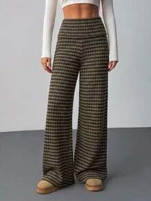 SHEIN Tall 女款摺腰運動休閒條紋喇叭褲，適合早午餐與日常穿著，橄欖綠，秋季 - 彩色 - 查看 3