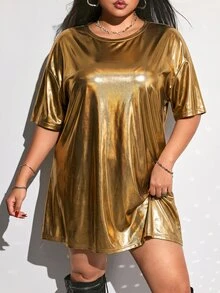 SHEIN ICON 大尺碼音樂節雷射印花 T-shirt 連身裙，寬鬆音樂節派對 T-shirt 連身裙 - 金色 - 查看 2