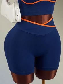 Mistrie 1 Set Navy Blue Orange Contrast Trim Racerback Sports Set, Adjustable Straps, Cross Waist Shorts, Slim Fit, For Yoga Fitness Workout Summer - Navy Blue - View 6