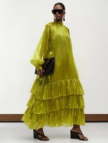 Aveloria Modichic Autumn/Winter Light Green Satin-Like Fabric Stand Collar Robe-Style Layered Ruffle Hem Long Sleeve Women's Extra Long Dress Elegant Party Dinner - Green - View 5