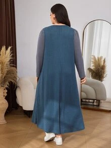 SHEIN Lacomfia Plus Size Women's Loose Casual A-Line Round Neck Long Sleeve Patchwork Ribbed Knit Long Dress, Autumn - Dusty Blue - View 5