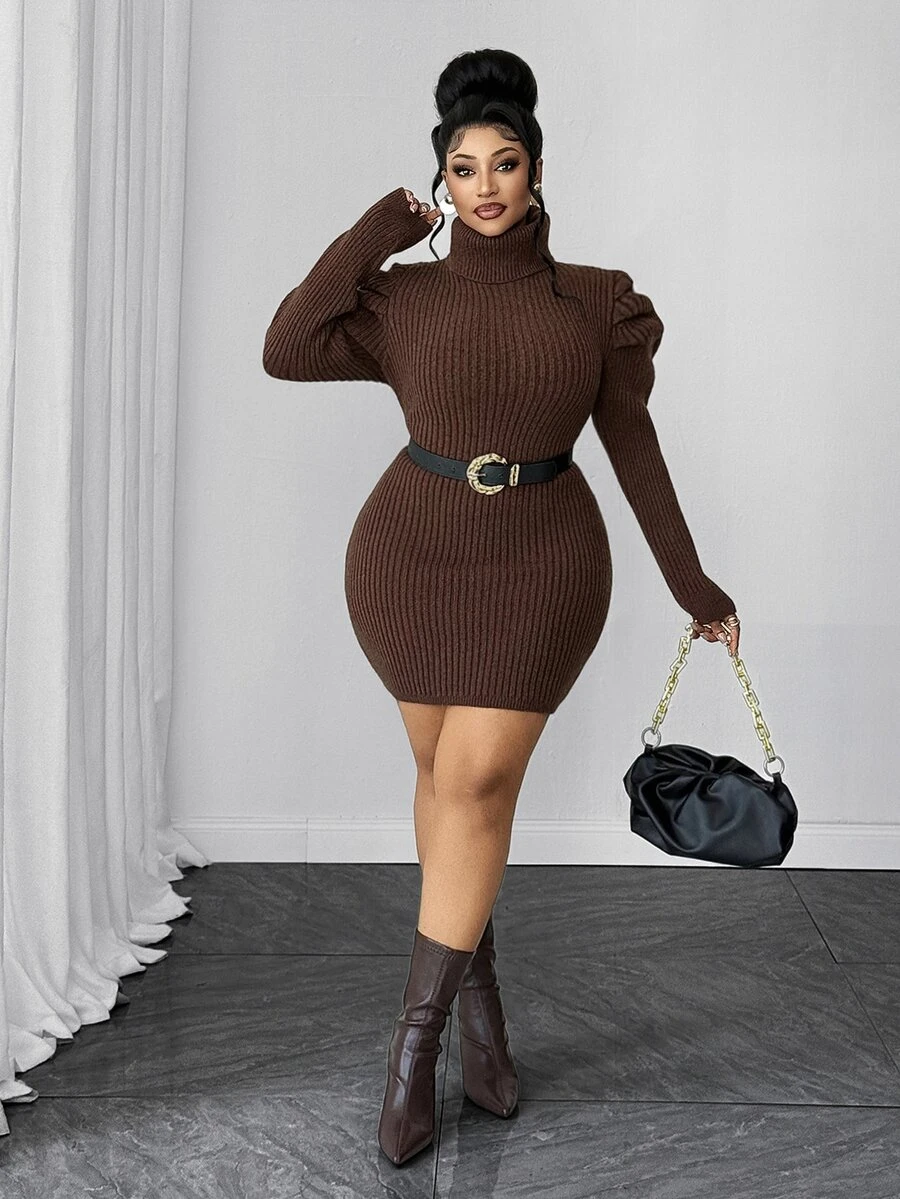 Maweii Plus Size Women's Knit Dress High Neck Petal Sleeve Slimming Fashion Dress - Coffee Brown - View 1