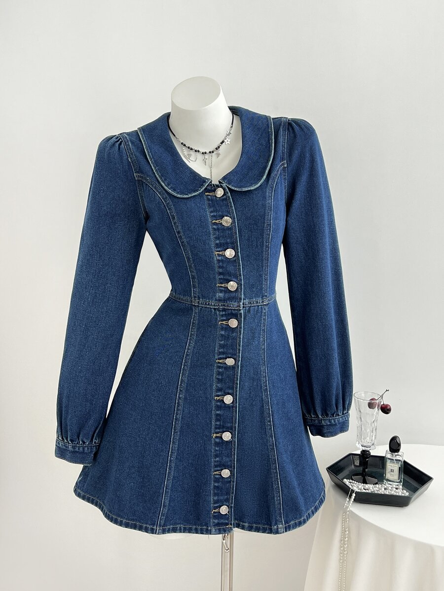 Mori Grove Mori Grove Women's All-Season Peter Pan Collar Long Sleeve Petal Sleeve A-Line Blue Denim Dress - Dark Wash - View 1