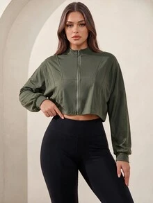 Easithlete Easithlete Solid Color Front Zip Cropped Sports Jacket - Olive Green - View 3