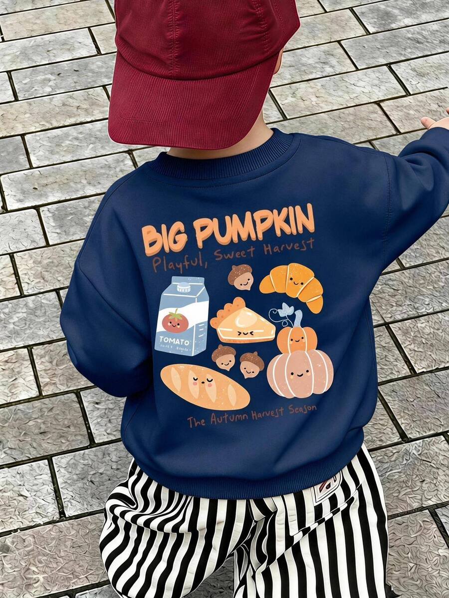 Young Boy Cartoon Graphic Print Long Sleeve Crew Neck Sweatshirt - Multicolor - View 1