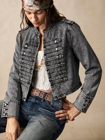 Bohemela Women's Denim Casual Long Sleeve Jacket And Outerwear Top,Military-Style Jacket,Vintage-Wash Denim,Moto Boho,Street Style,Halloween,Christmas