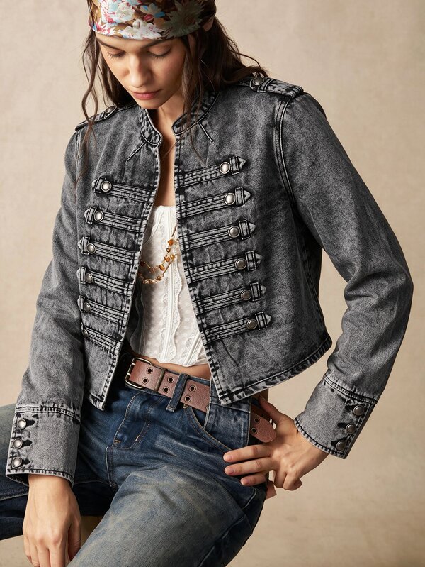 Bohemela Women's Denim Casual Long Sleeve Jacket And Outerwear Top,Military-Style Jacket,Vintage-Wash Denim,Moto Boho,Street Style,Halloween,Christmas