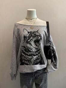 SHEIN EZwear 淺灰色女款露肩寬鬆休閒長袖衛衣 - 淺灰色 - 查看 1