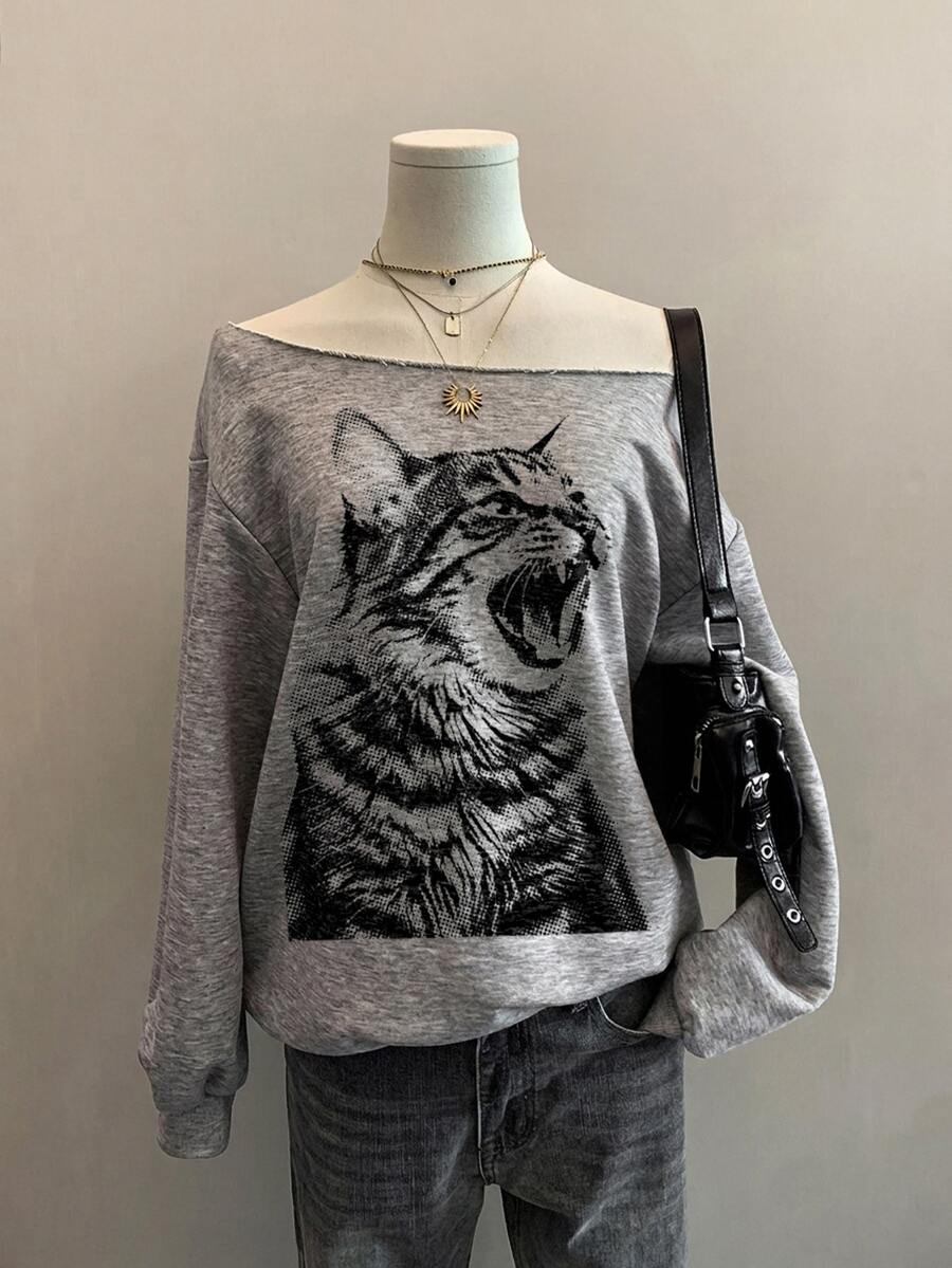 SHEIN EZwear 淺灰色女款露肩寬鬆休閒長袖衛衣 - 淺灰色 - 查看 1