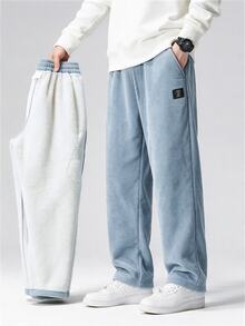 SHEIN 兒童青少年男孩休閒百搭淺藍色加厚保暖內裡燈芯絨長褲，經濟實惠，適合通勤、上學、日常休閒、度假、旅行、運動，四季皆宜 - 淺藍色 - 查看 5