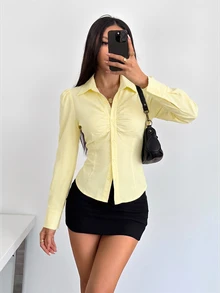 SHEIN PETITE 女款純色百褶鈕扣長袖襯衫，白色領口襯衫，女式白襯衫 - 黃色 - 查看 4