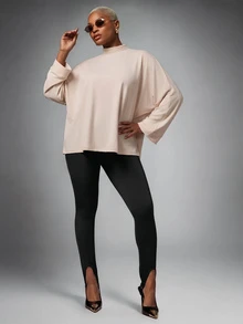 SHEIN Lunessa Women's Solid Color Stand Collar Batwing Sleeve Loose Casual T-Shirt - Apricot - View 5