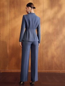 MOTF STUDIO CONTRAST LACE WAIST-CINCHING BLAZER AND SEAM FRONT PANTS SUIT SET - Blue - View 3