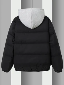 SHEIN 青少年男孩休閒黑色與灰色拼接連帽棉質外套，適合秋冬返校季 - 黑色 - 查看 3